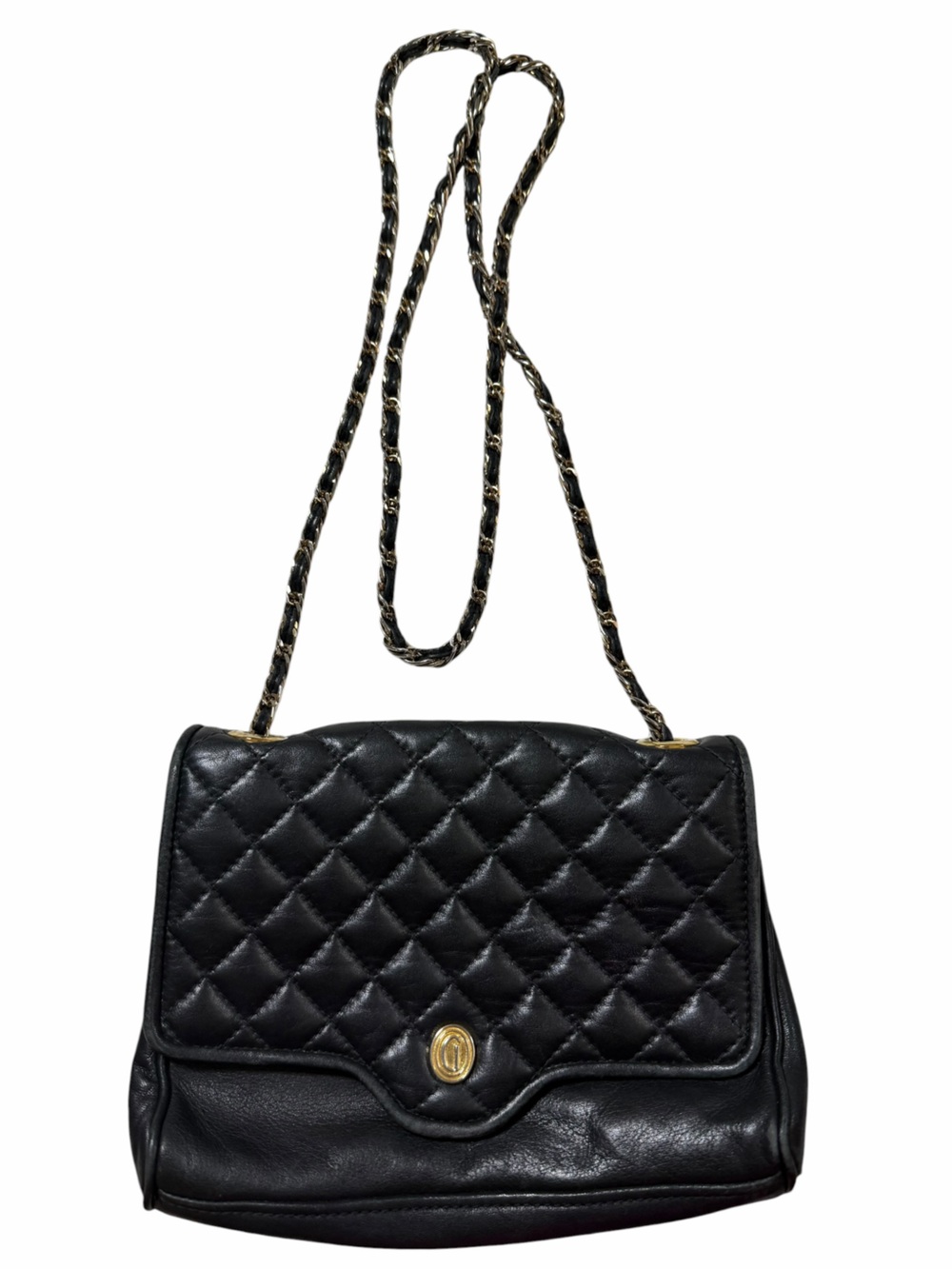 Vtg Ganson Classic Black Quilted Leather Crossbody with Gold-Trim Chain